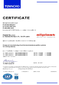 Certificate Aliplast Aluminium Systems ISO 9001, 14001, 45001 - EN