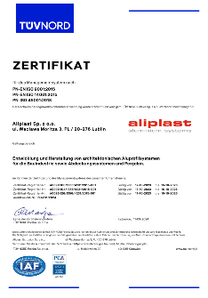 Certificate Aliplast Aluminium Systems ISO 9001, 14001, 45001 - DE