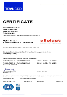 Certificate Aliplast Aluminium Systems ISO 9001, 14001, 45001 - EN