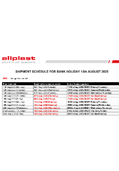 Shipment schedule for Bank Holiday 15th August 2025